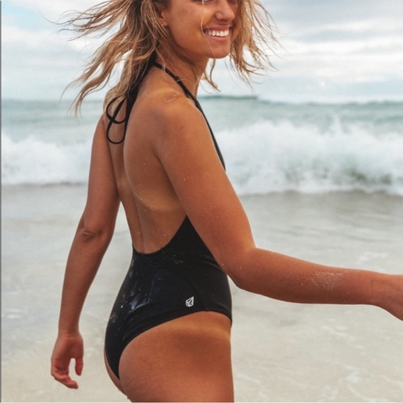 Volcom sexy one piece swimsuit black low back halter plunging v Like New - Picture 3 of 14